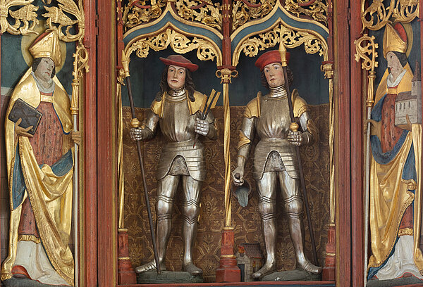 Guteneck, Seitenaltar mit den Heiligen Sebastian und Florian umgeben von einem heiligen Bischof und Wolfgang, um 1510/20