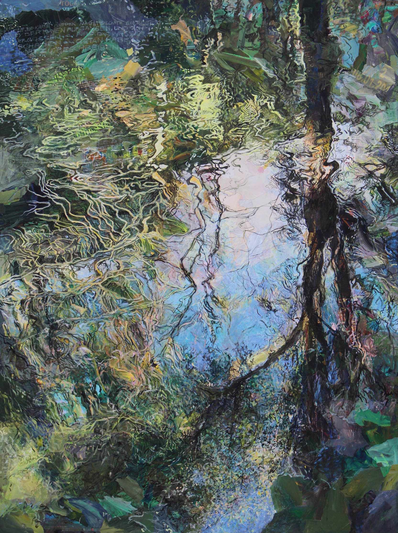 alt="Green Gold and Blue. Werner Tögel. Acryl auf Collage auf Holz. 2019"